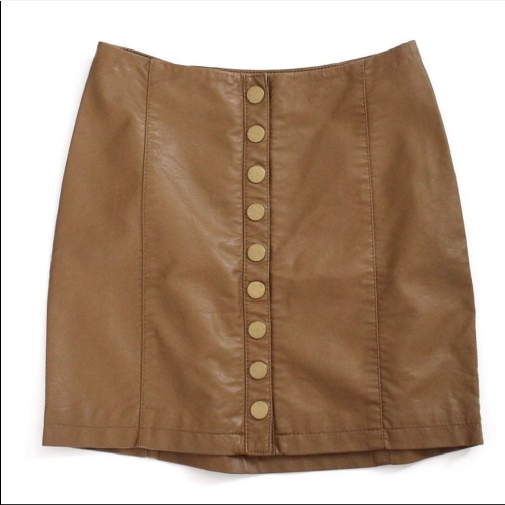 Free People Tan Faux Leather Button Up Skirt